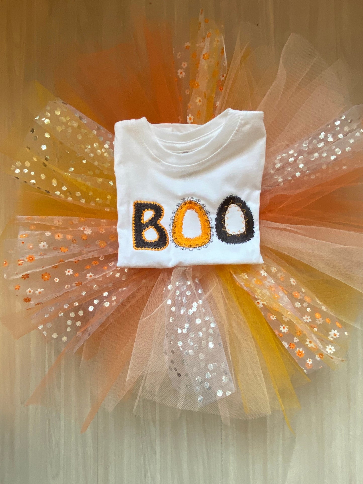 Happy Halloween! Orange tutu flowered BOO scary costume polka dot girls shirt t-shirt tee shirt October dress outfit embroidered gift presen
