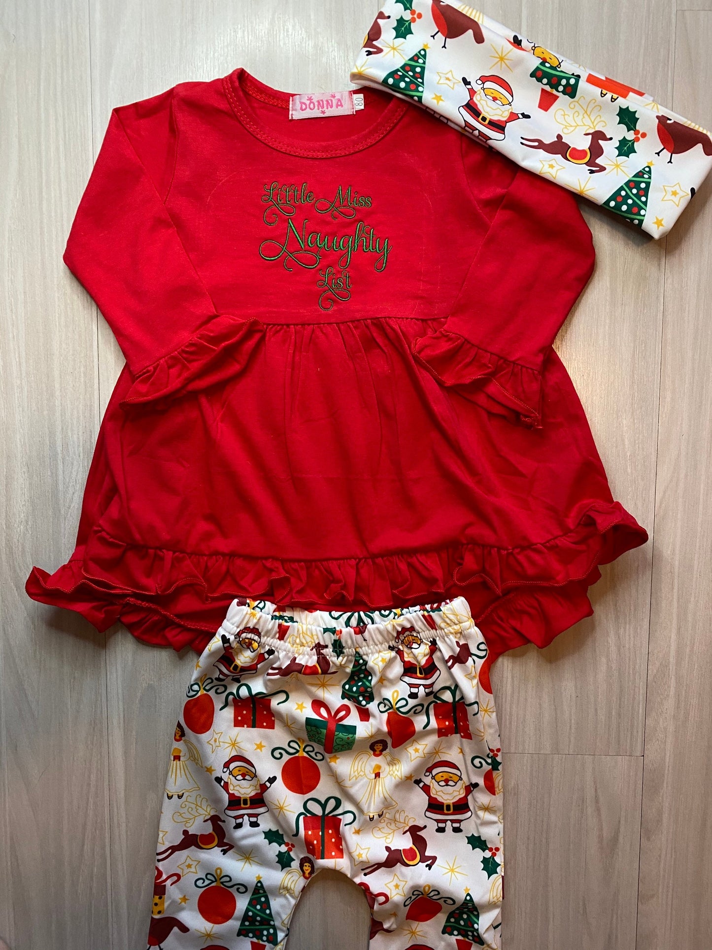 Christmas Outfit Naughty List girls hi-lo ruffle top pants headband flowy cute funny Santa Long sleeved lovely toddler baby infant dress