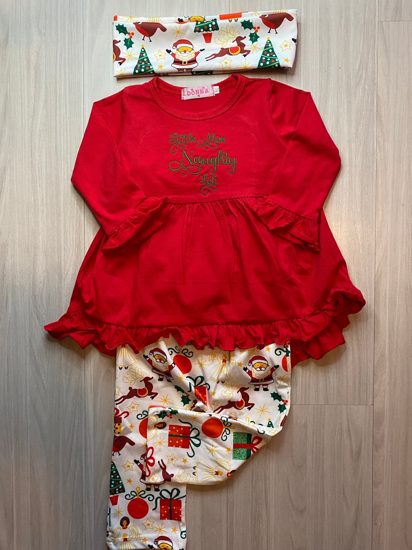 Christmas Outfit Naughty List girls hi-lo ruffle top pants headband flowy cute funny Santa Long sleeved lovely toddler baby infant dress