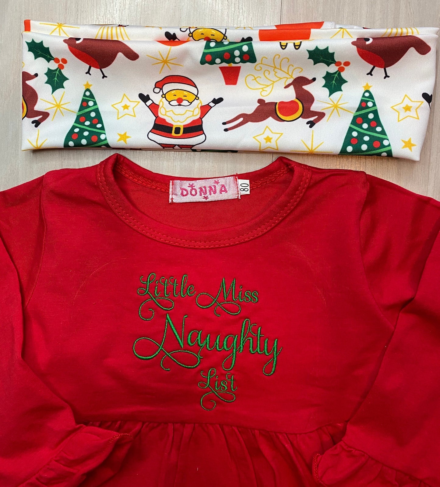 Christmas Outfit Naughty List girls hi-lo ruffle top pants headband flowy cute funny Santa Long sleeved lovely toddler baby infant dress