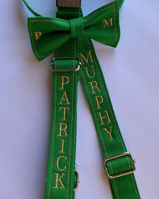 Special occasion personalized bow tie and suspenders custom adjustable Velcro birthday outfit bowtie Wedding ring bearer groomsmen groom gif