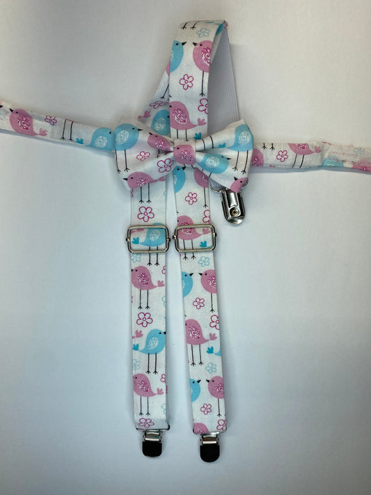 Tweet Heart love birds kids bow tie and suspenders custom adjustable Velcro birthday outfit photo prop bowtie Wedding special occasion gift