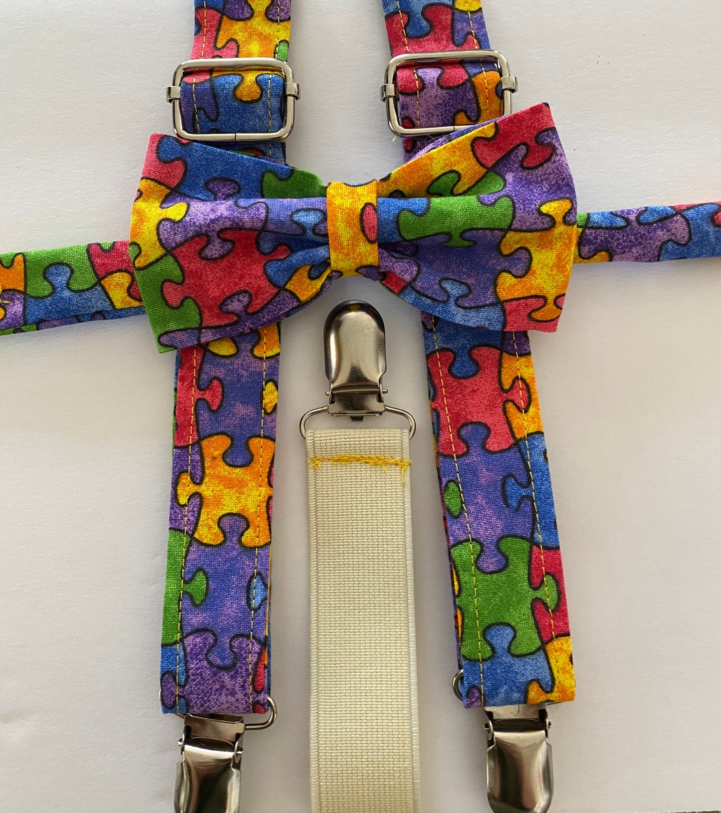 Autism Awareness bow tie and suspenders or Hair Bow Headband Barrette