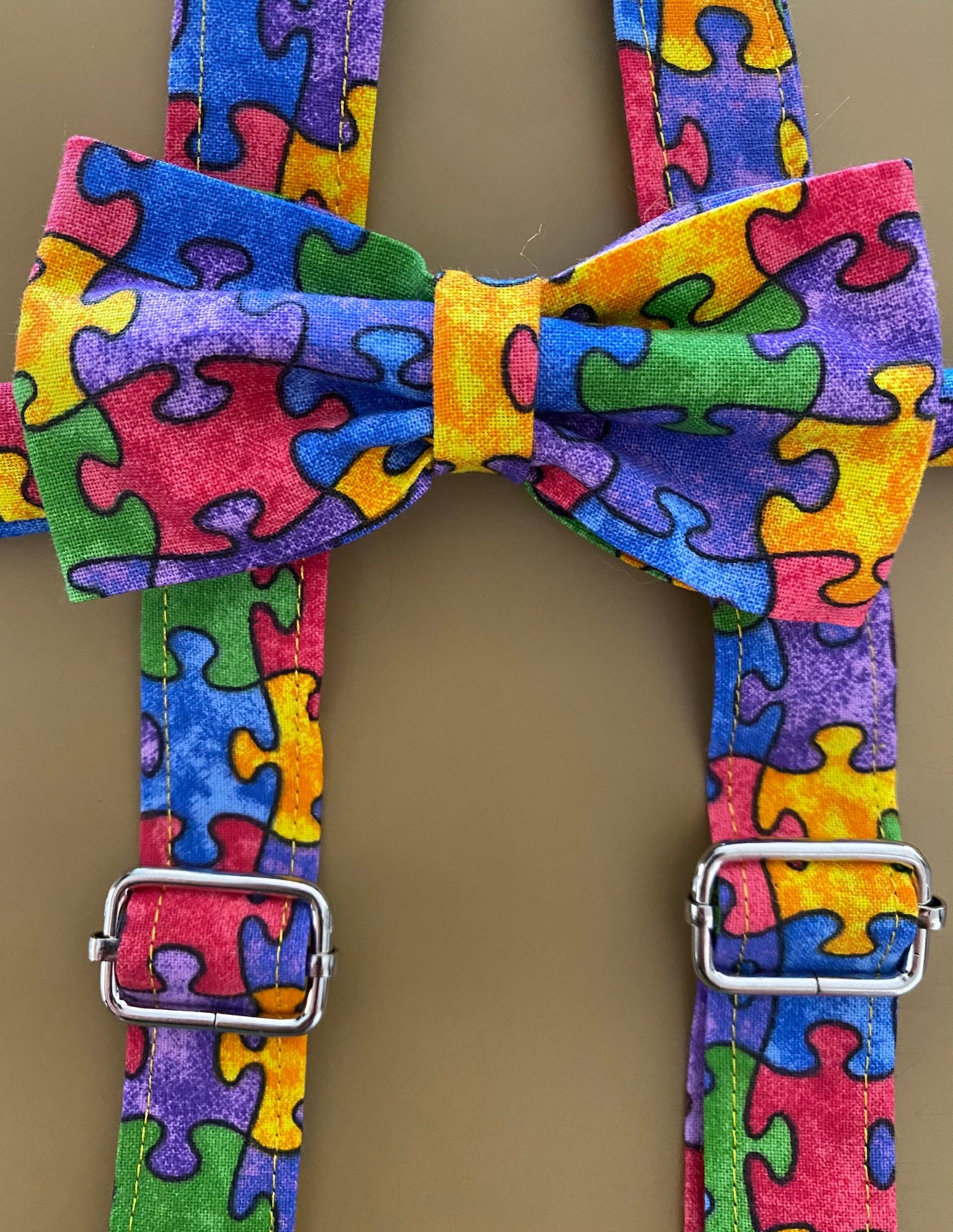 Autism Awareness bow tie and suspenders or Hair Bow Headband Barrette