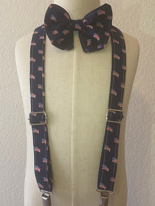 Patriotic American flag bow tie and suspenders custom bowtie all sizes made to order