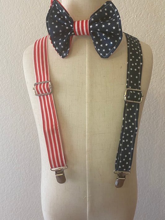 Patriotic American flag bow tie and suspenders custom bowtie all sizes made to order