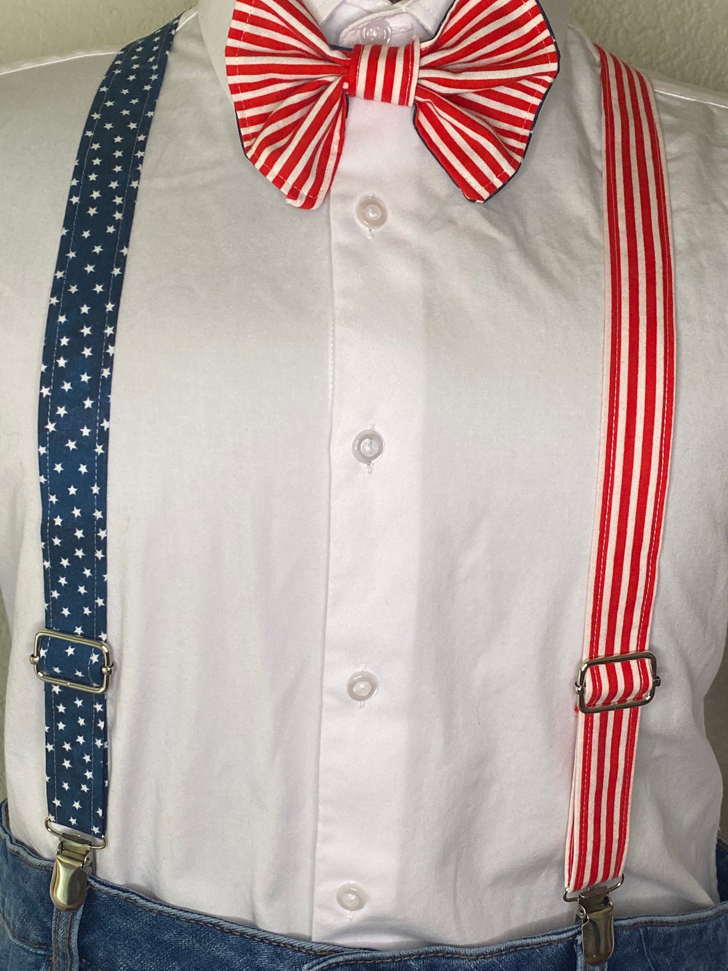 American flag bowtie and suspenders. Available in many sizes and variations. Customizable. fashionable way to show your patriotism!
