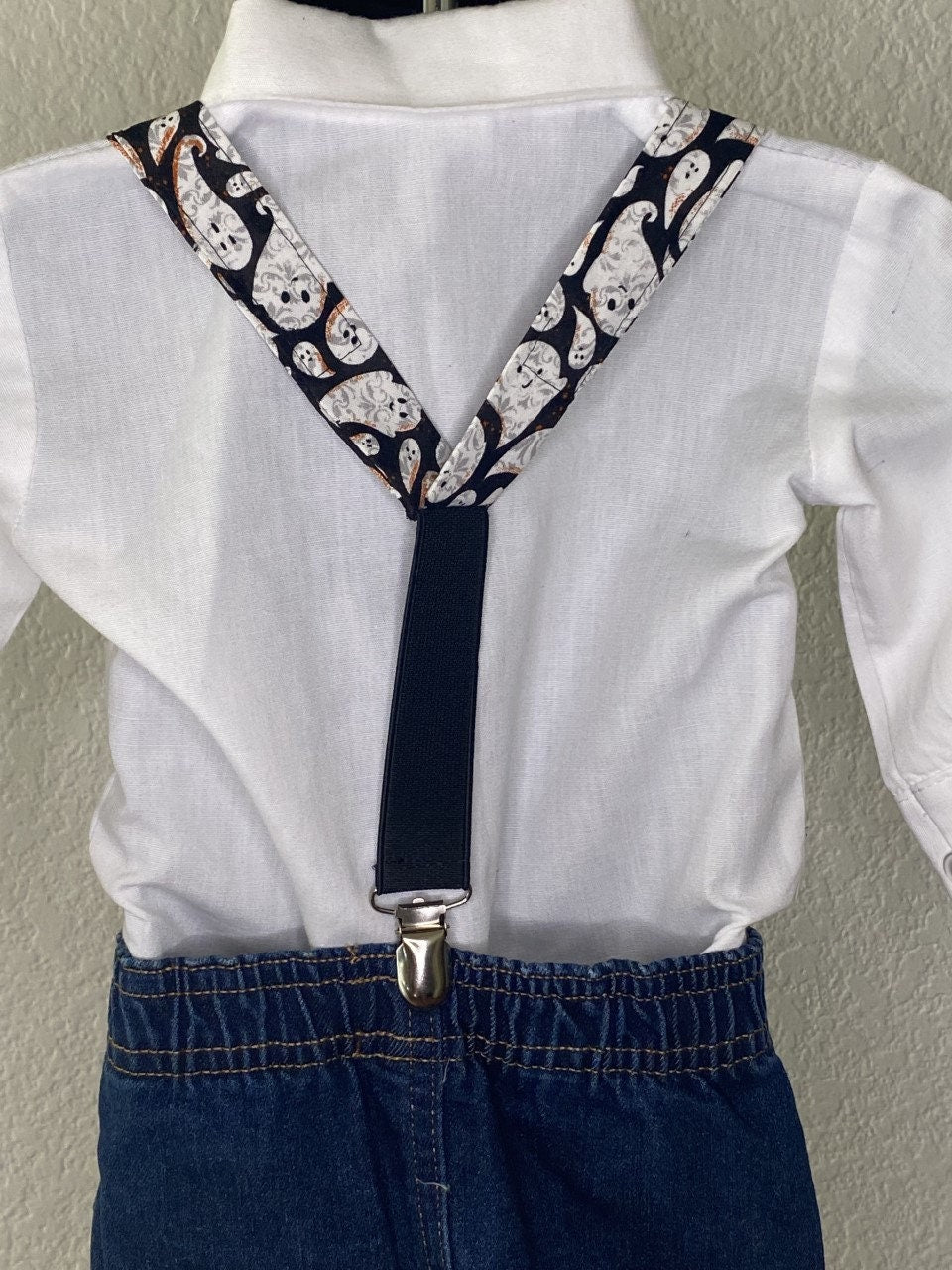 Halloween Ghost suspenders and bow tie / Infant, Toddler, Child, Teen, Adult, Big & Tall