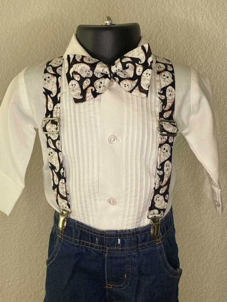 Halloween Ghost suspenders and bow tie / Infant, Toddler, Child, Teen, Adult, Big & Tall