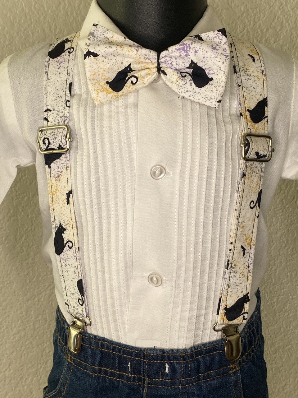 Halloween Black Cat suspenders and bow tie / Infant, Toddler, Child, Teen, Adult, Big & Tall