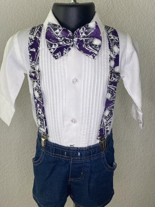 Halloween Skeleton Skull Purple suspenders and bow tie / Infant, Toddler, Child, Teen, Adult, Big & Tall