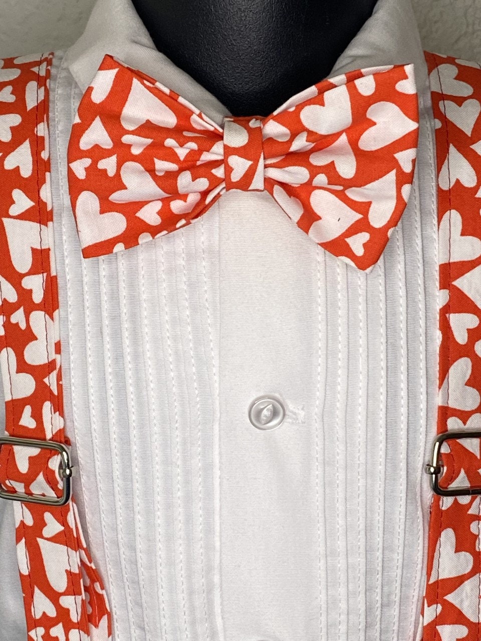 Red and white hearts bow tie and suspenders custom adjustable Velcro birthday outfit photo prop bowtie Wedding special occasion church