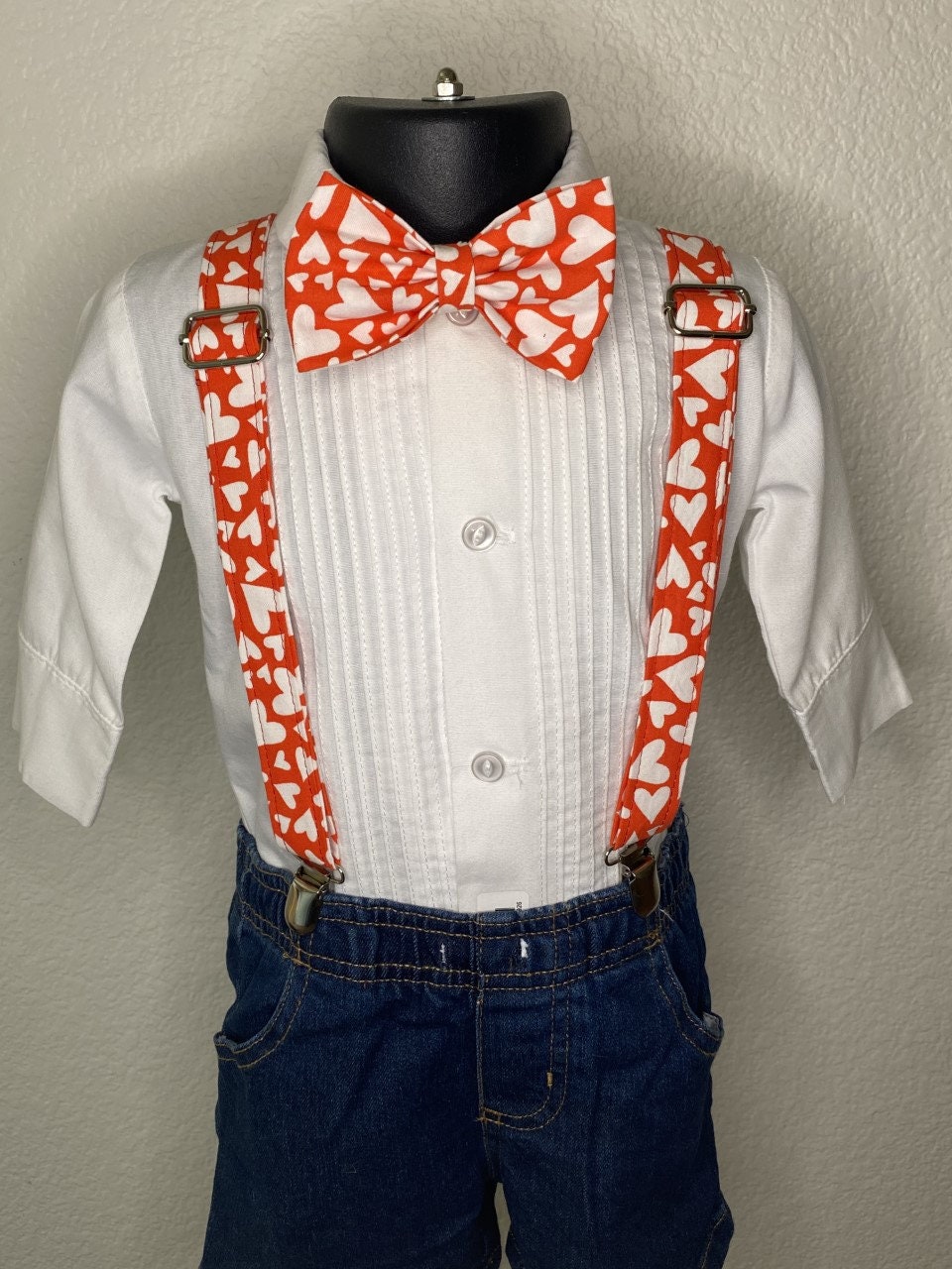 Red and white hearts bow tie and suspenders custom adjustable Velcro birthday outfit photo prop bowtie Wedding special occasion church