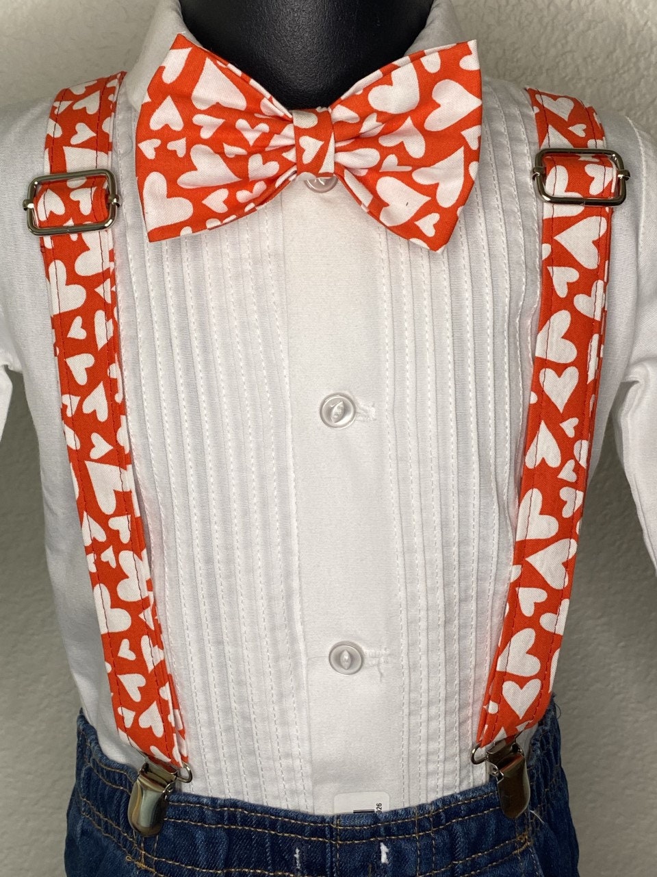 Red and white hearts bow tie and suspenders custom adjustable Velcro birthday outfit photo prop bowtie Wedding special occasion church