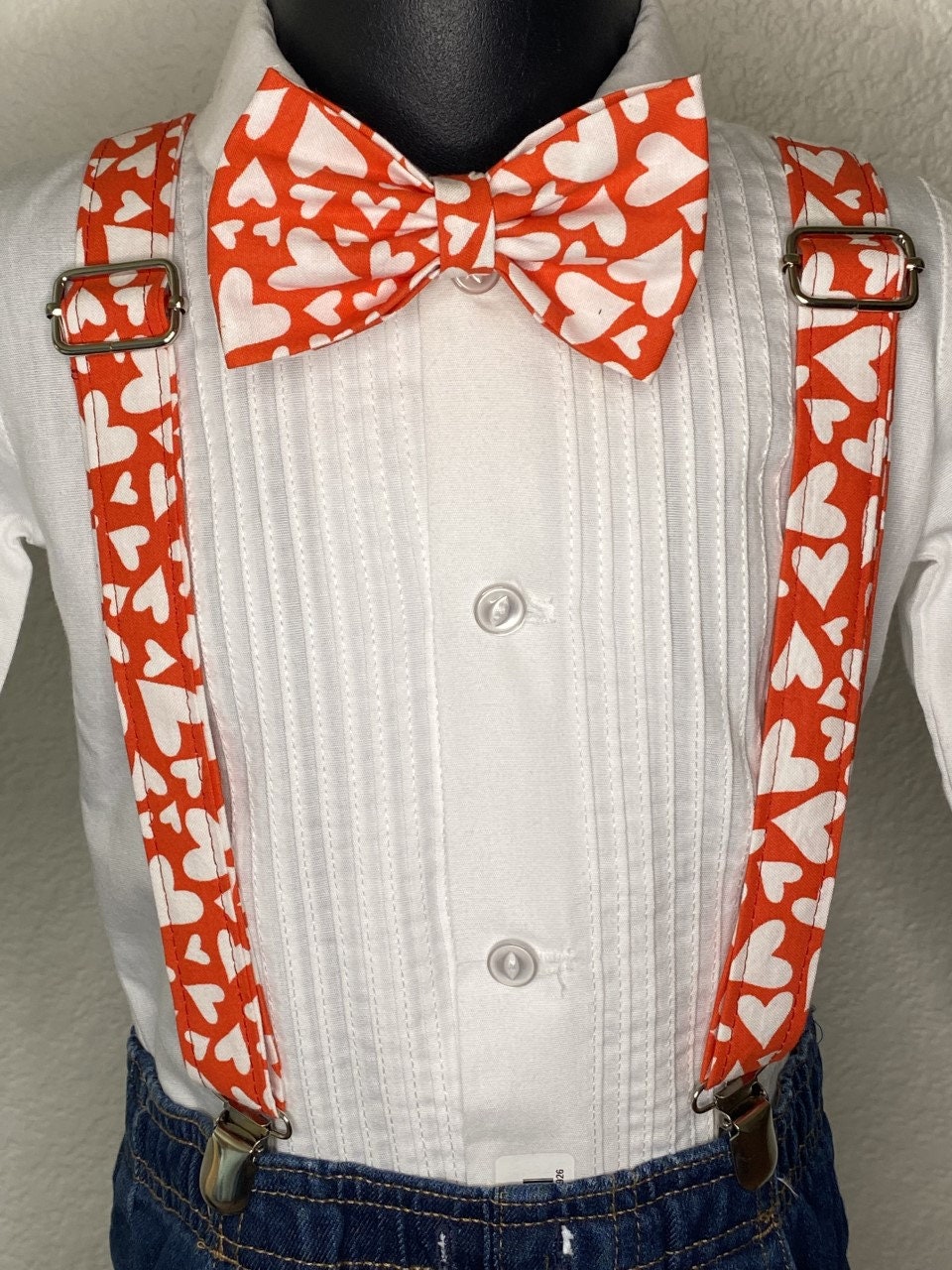 Red and white hearts bow tie and suspenders custom adjustable Velcro birthday outfit photo prop bowtie Wedding special occasion church