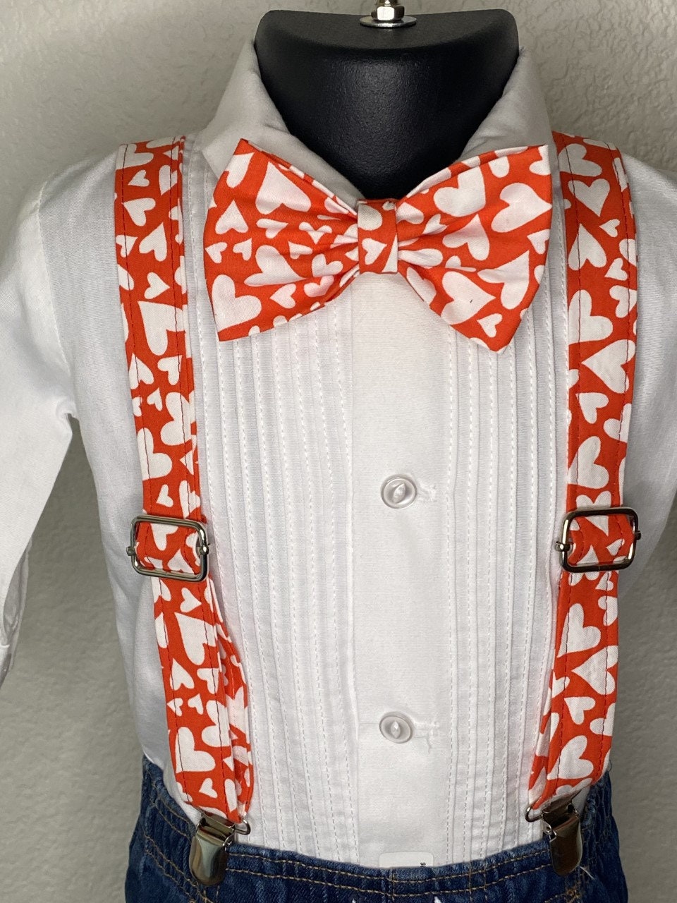 Red and white hearts bow tie and suspenders custom adjustable Velcro birthday outfit photo prop bowtie Wedding special occasion church