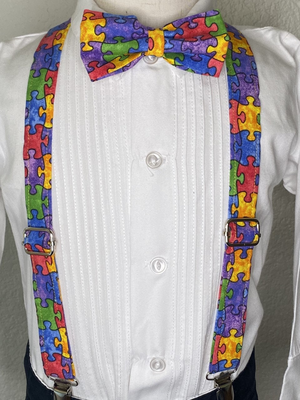 Autism Awareness bow tie and suspenders or Hair Bow Headband Barrette