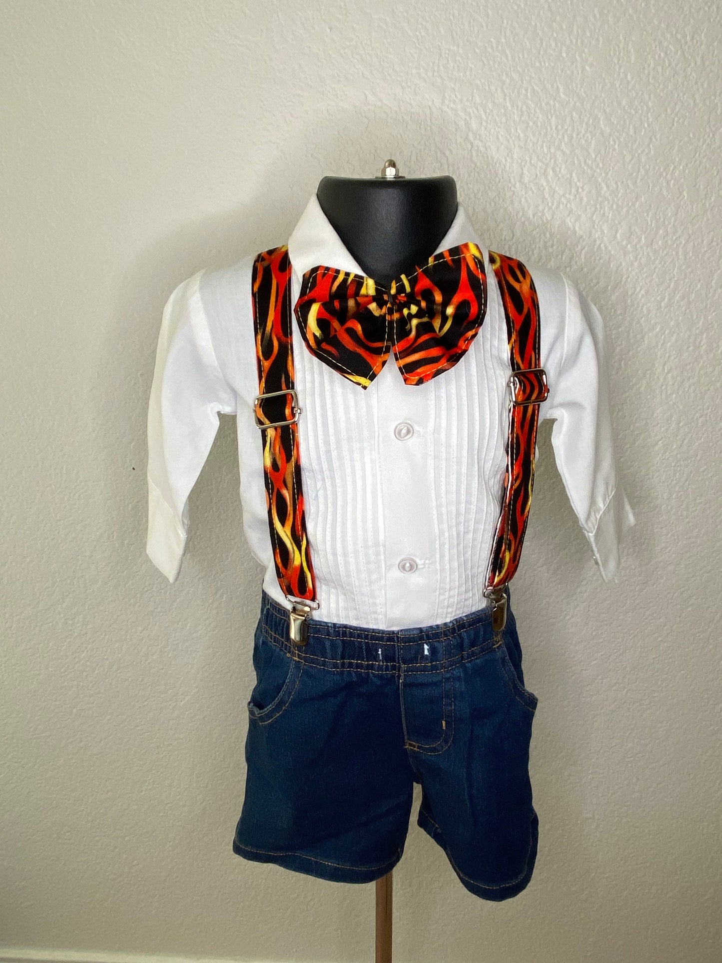 Flames suspenders and bow tie / Infant, Toddler, Child, Teen, Adult, Big & Tall