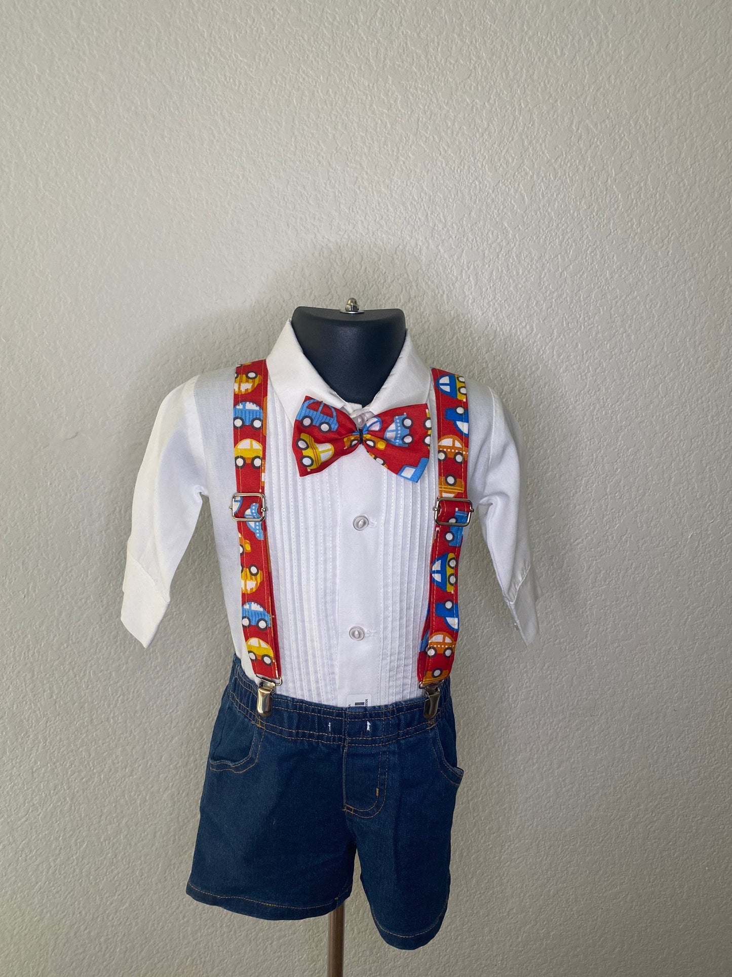 Toy cars suspenders and bow tie / Infant, Toddler, Child, Teen, Adult, Big & Tall