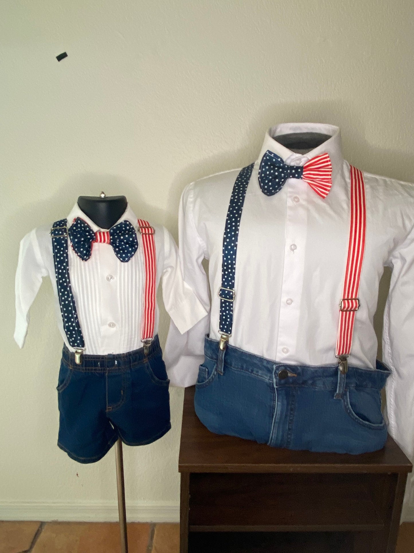 American flag bowtie and suspenders. Available in many sizes and variations. Customizable. fashionable way to show your patriotism!