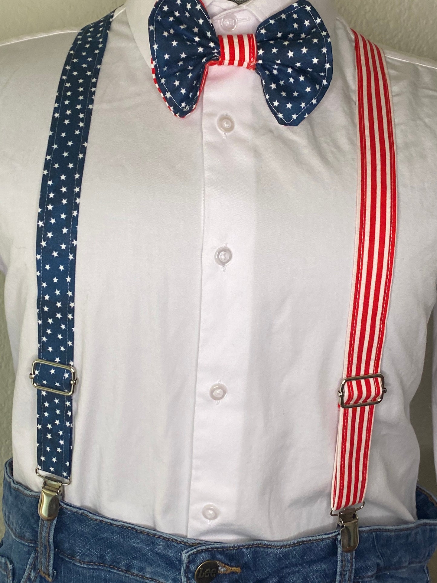 American flag bowtie and suspenders. Available in many sizes and variations. Customizable. fashionable way to show your patriotism!