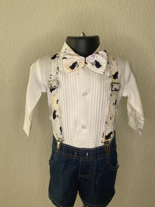 Halloween Black Cat suspenders and bow tie / Infant, Toddler, Child, Teen, Adult, Big & Tall