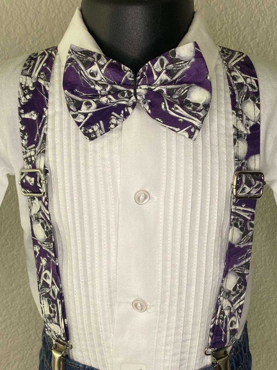 Halloween Skeleton Skull Purple suspenders and bow tie / Infant, Toddler, Child, Teen, Adult, Big & Tall