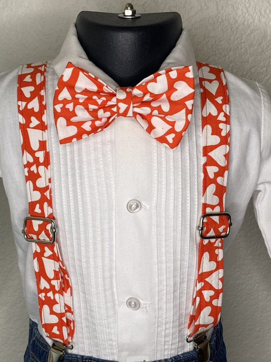 Red and white hearts bow tie and suspenders custom adjustable Velcro birthday outfit photo prop bowtie Wedding special occasion church
