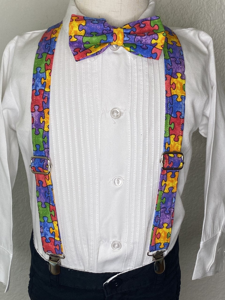 Autism Awareness bow tie and suspenders or Hair Bow Headband Barrette