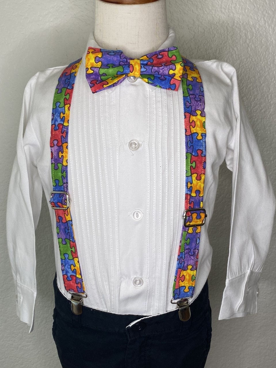 Autism Awareness bow tie and suspenders or Hair Bow Headband Barrette