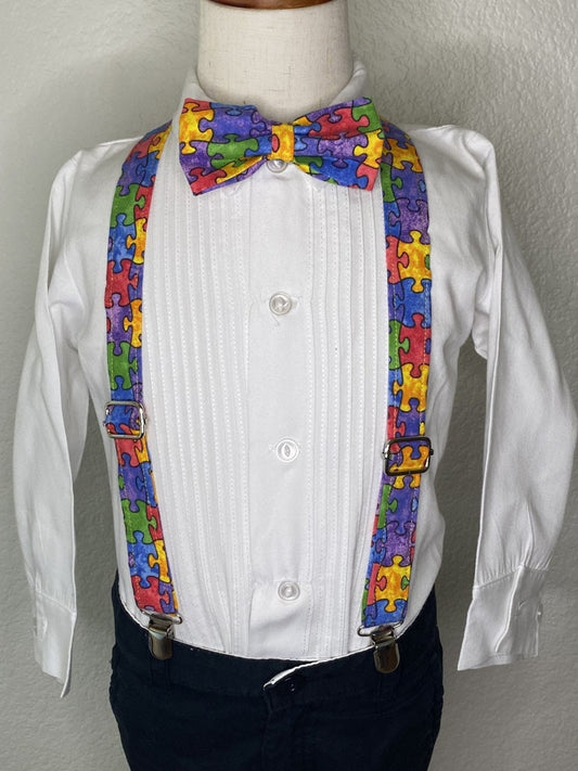 Autism Awareness bow tie and suspenders or Hair Bow Headband Barrette