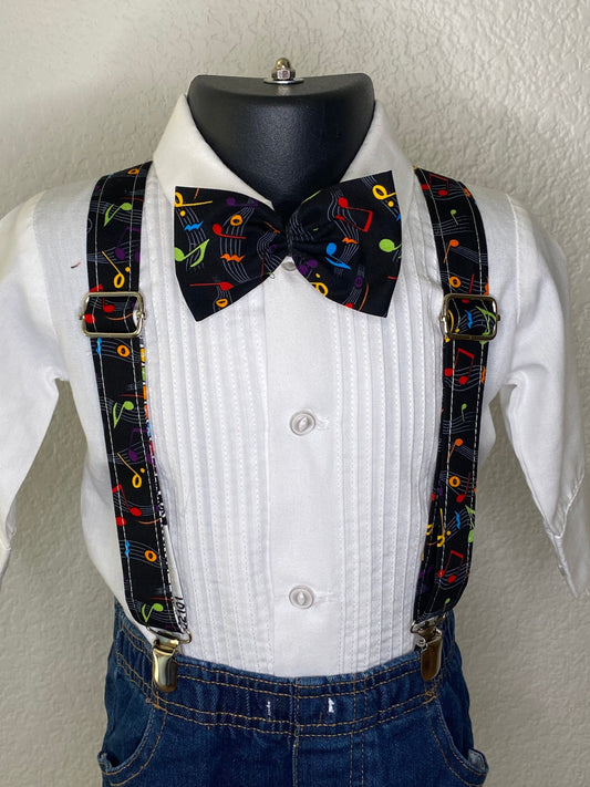Musical note suspenders and bow tie / Infant, Toddler, Child, Teen, Adult, Big & Tall