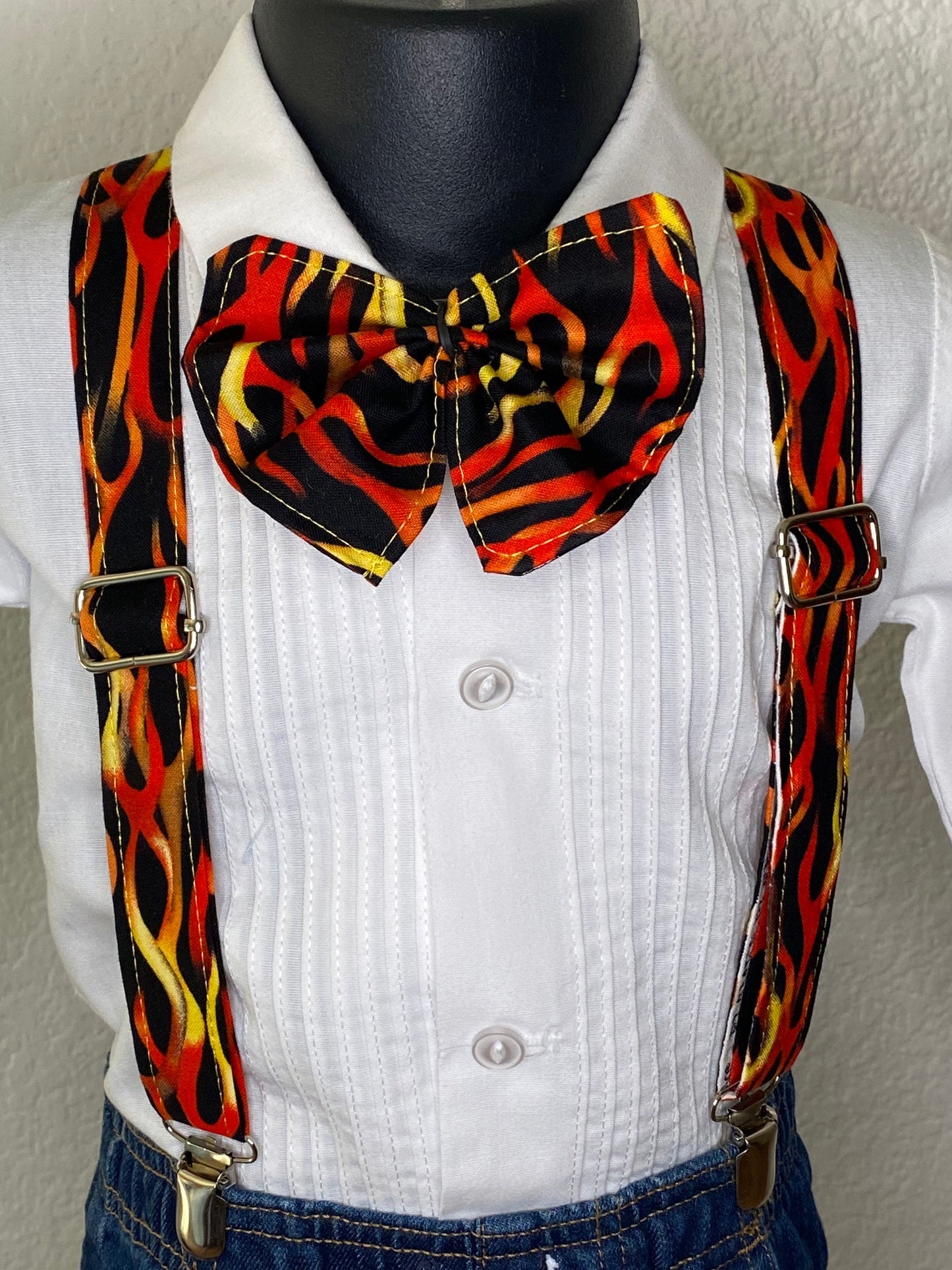 Flames suspenders and bow tie / Infant, Toddler, Child, Teen, Adult, Big & Tall