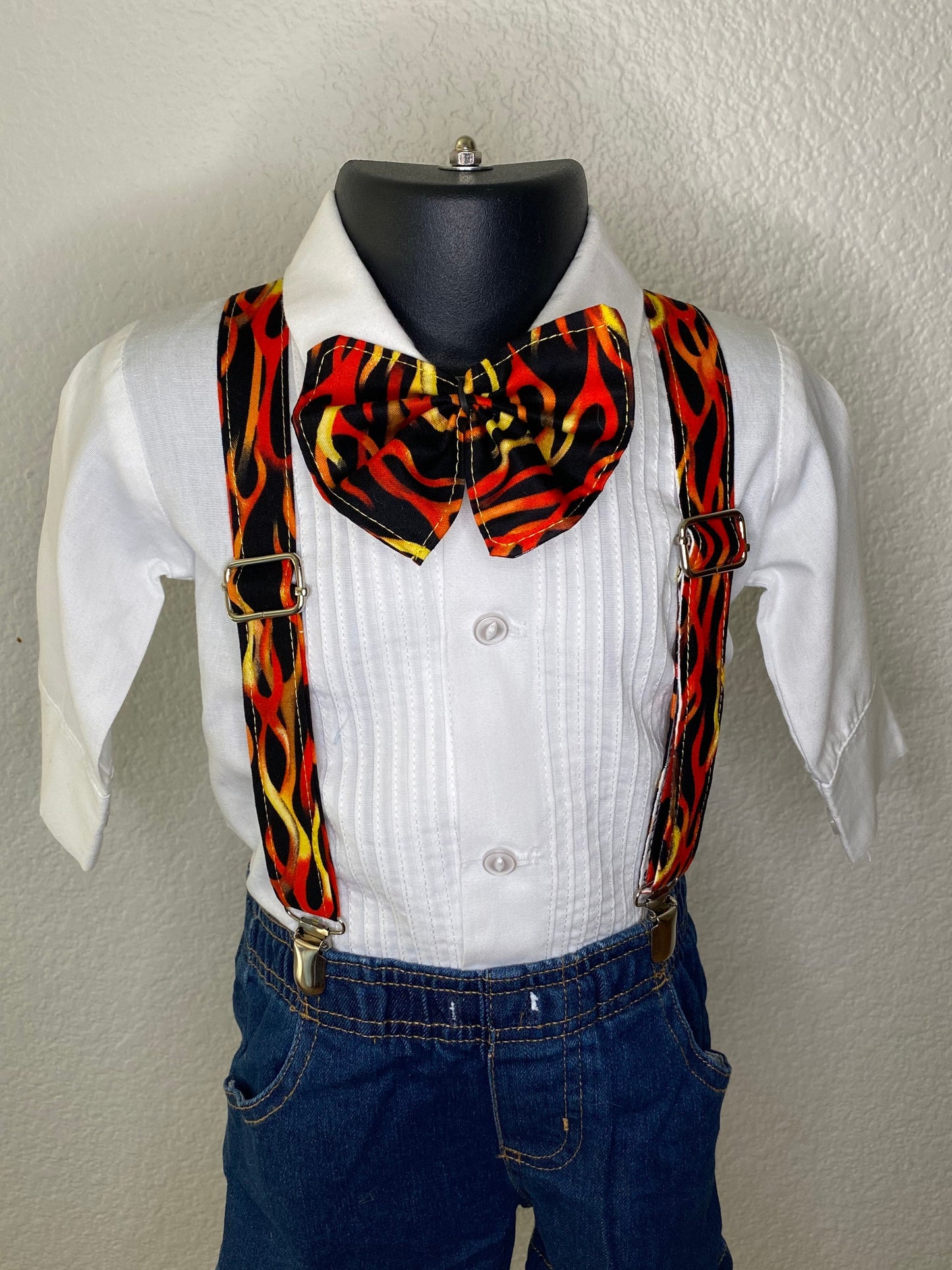 Flames suspenders and bow tie / Infant, Toddler, Child, Teen, Adult, Big & Tall