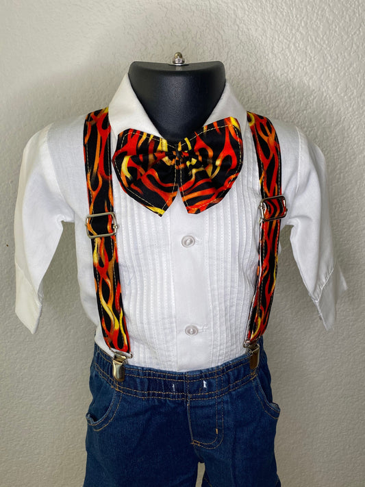 Flames suspenders and bow tie / Infant, Toddler, Child, Teen, Adult, Big & Tall