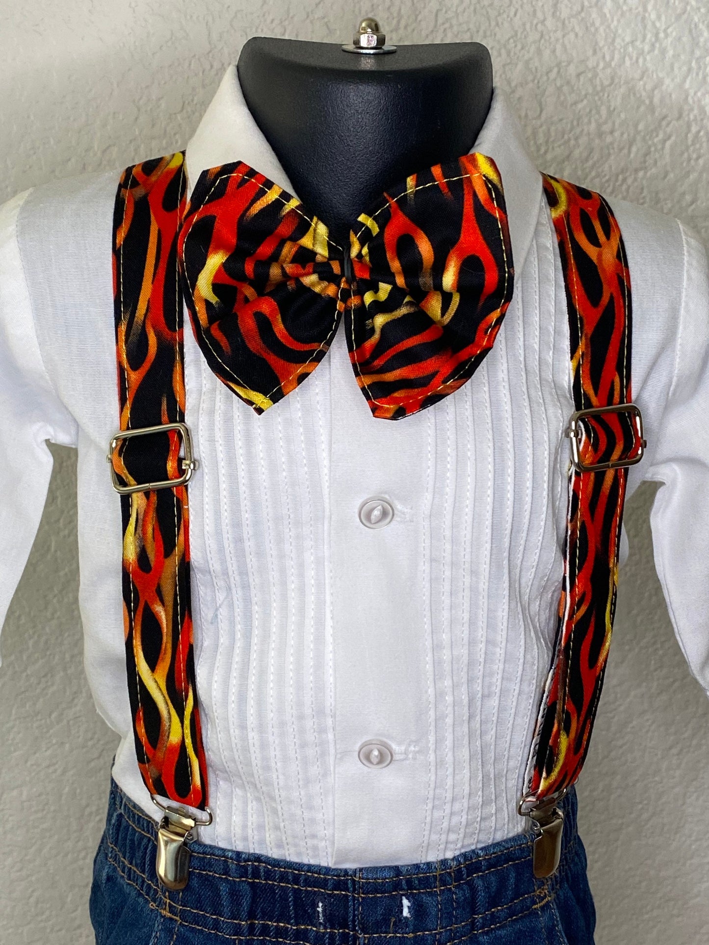 Flames suspenders and bow tie / Infant, Toddler, Child, Teen, Adult, Big & Tall