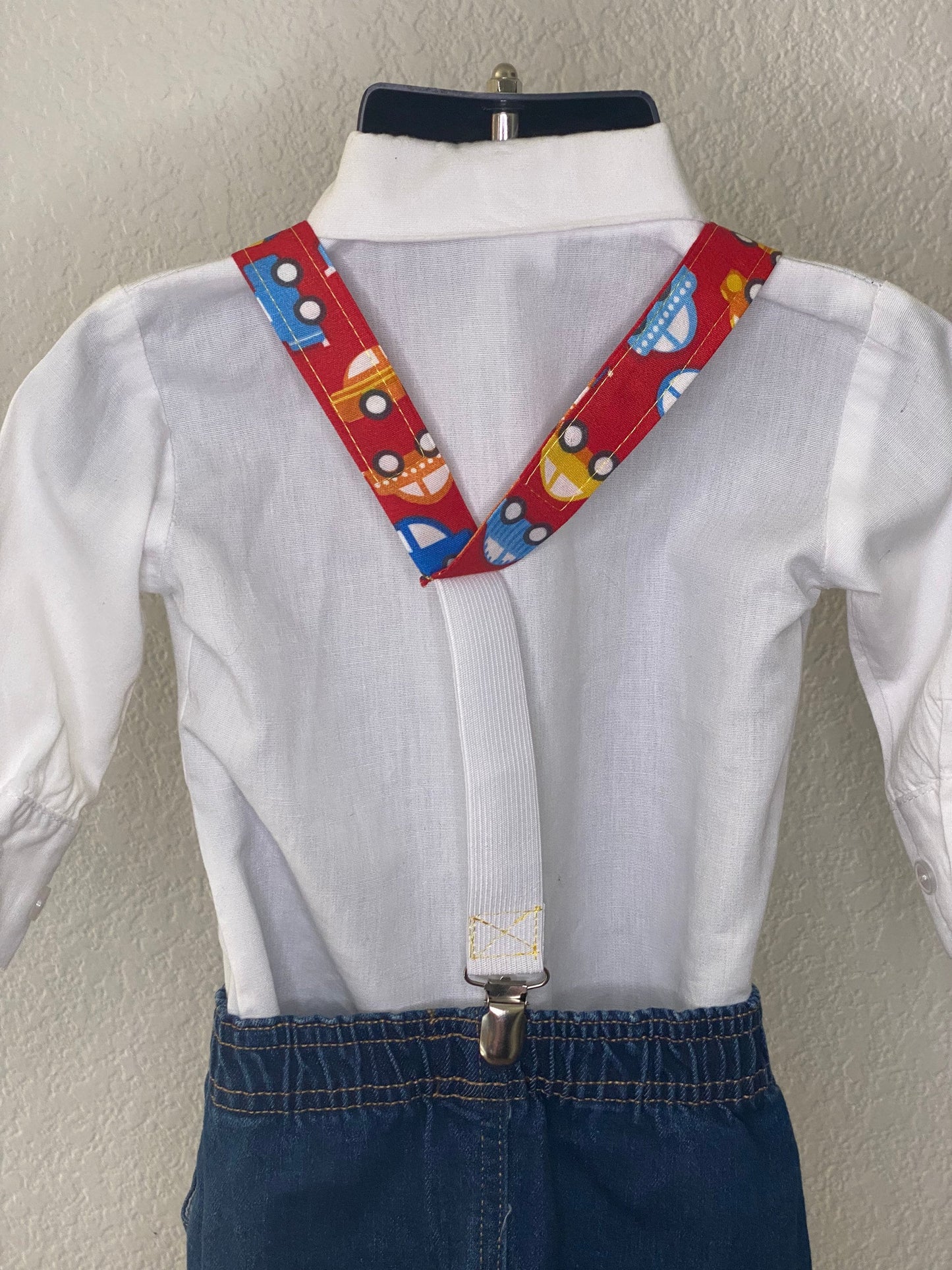 Toy cars suspenders and bow tie / Infant, Toddler, Child, Teen, Adult, Big & Tall