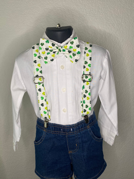 St. Patrick’s Day shamrock clover bow tie and suspenders custom adjustable Velcro birthday outfit photo prop bowtie Wedding special occasi