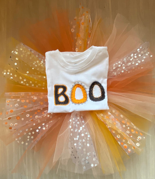 Happy Halloween! Orange tutu flowered BOO scary costume polka dot girls shirt t-shirt tee shirt October dress outfit embroidered gift presen