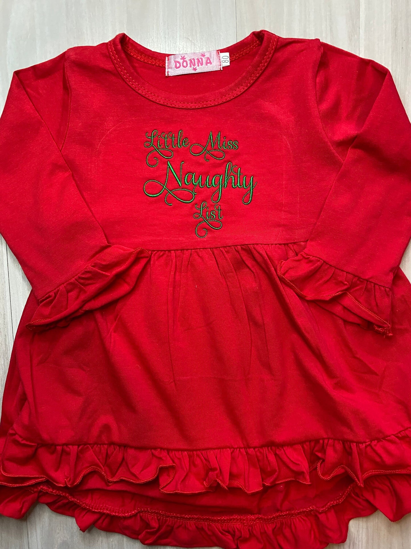 Christmas Outfit Naughty List girls hi-lo ruffle top pants headband flowy cute funny Santa Long sleeved lovely toddler baby infant dress