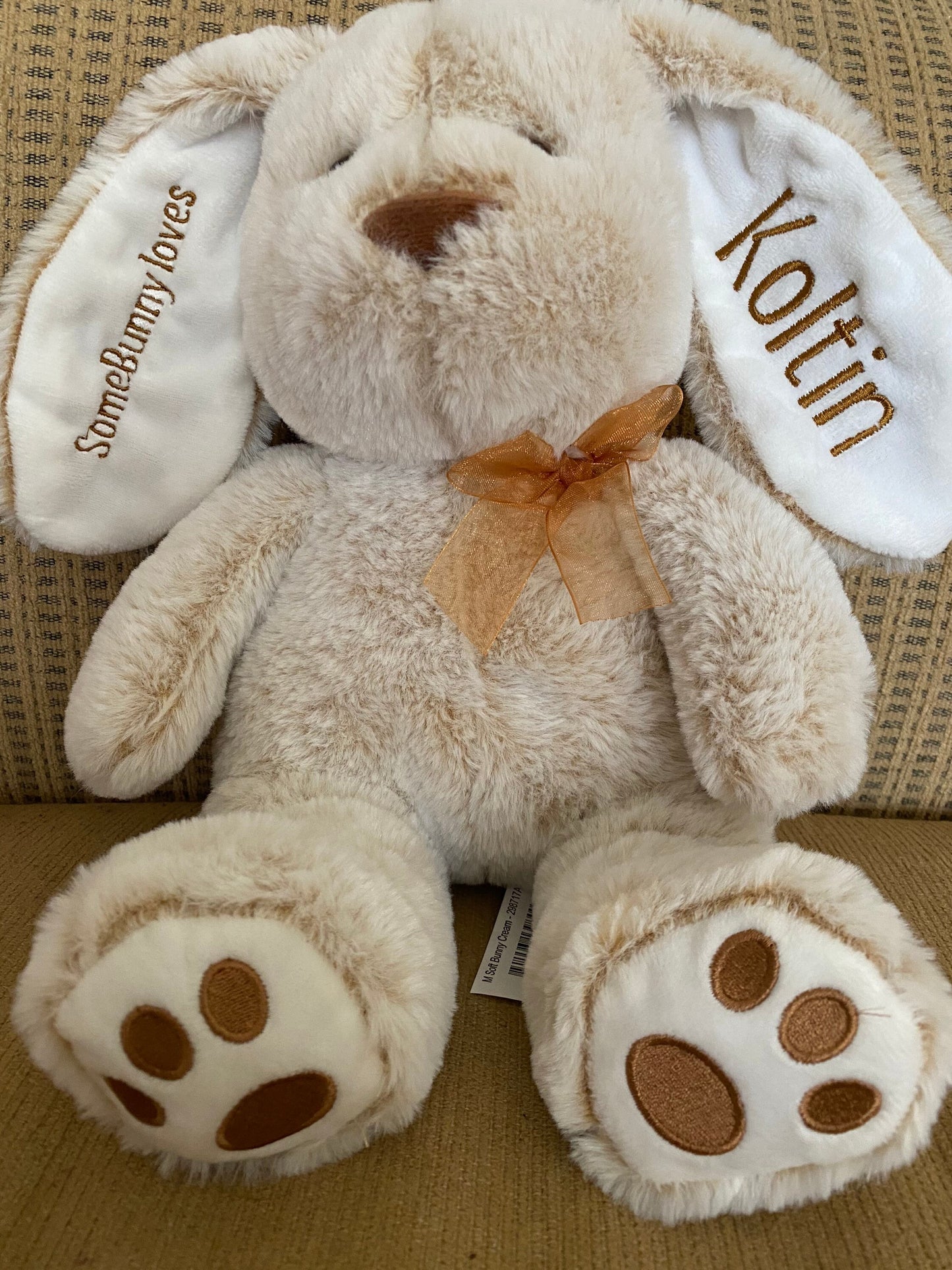 Custom personalized stuffed bunny plushie animal with your custom wording flawlessly embroidered on the ear(s)