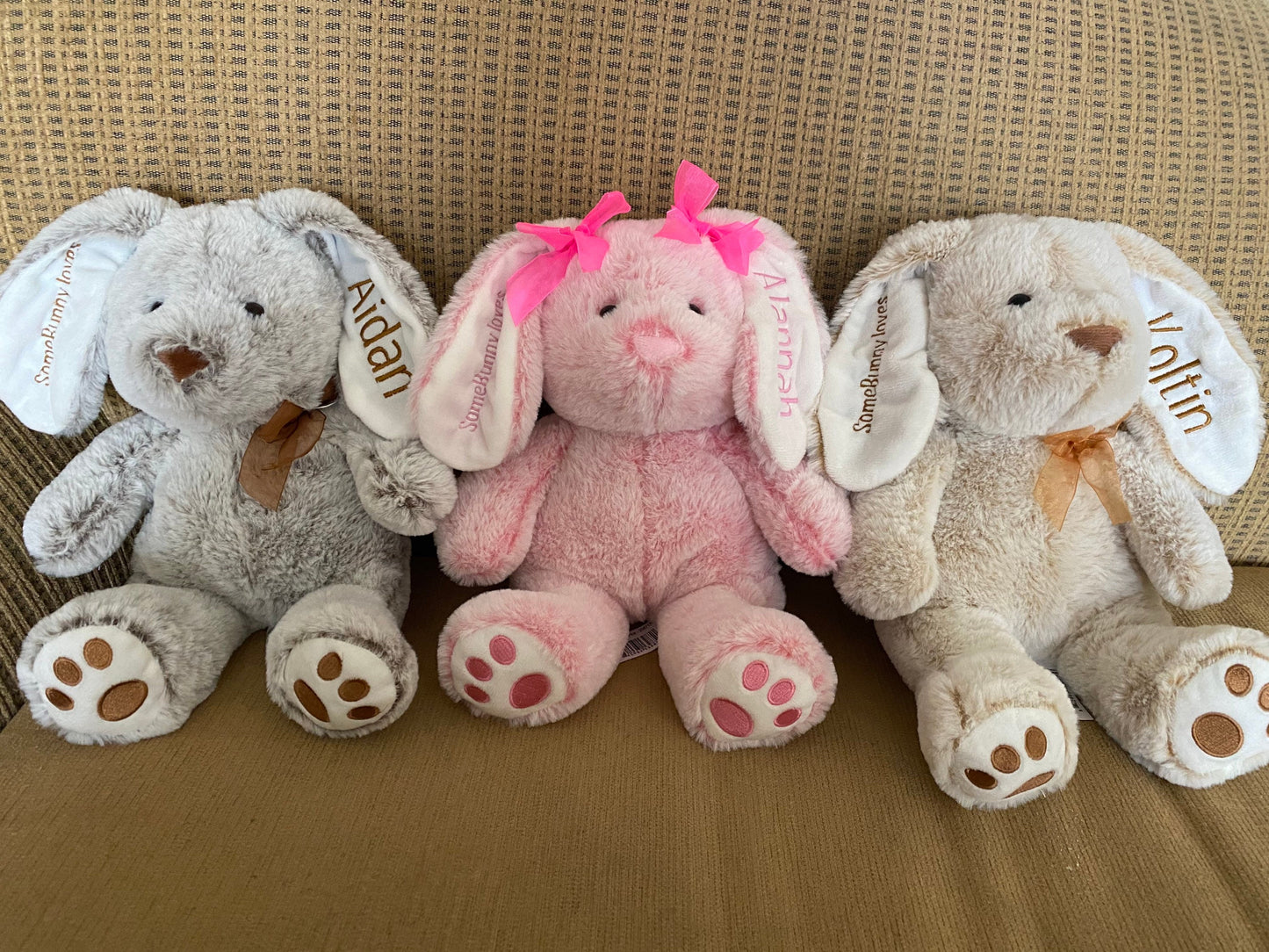 Custom personalized stuffed bunny plushie animal with your custom wording flawlessly embroidered on the ear(s)