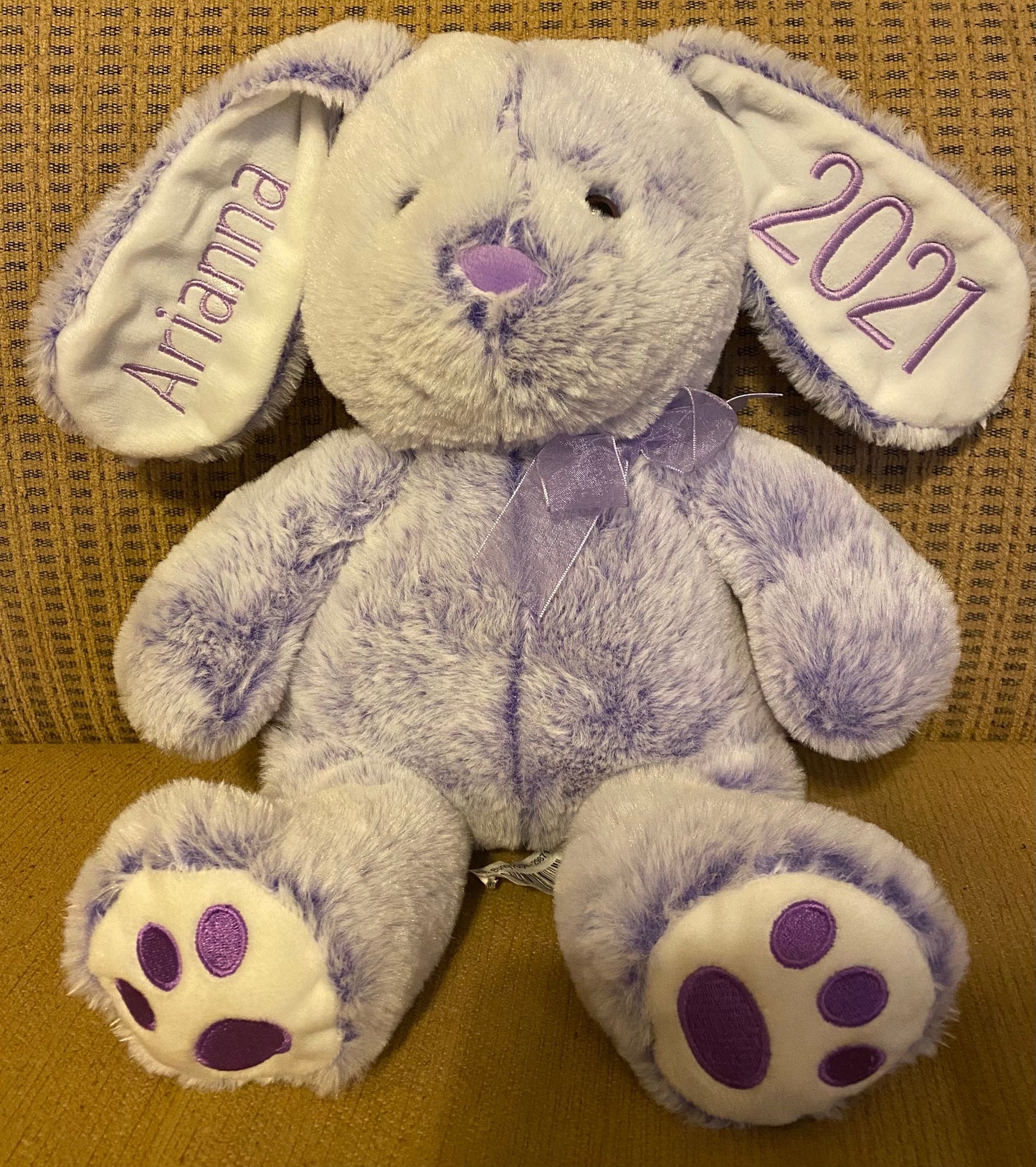 Custom personalized stuffed bunny plushie animal with your custom wording flawlessly embroidered on the ear(s)