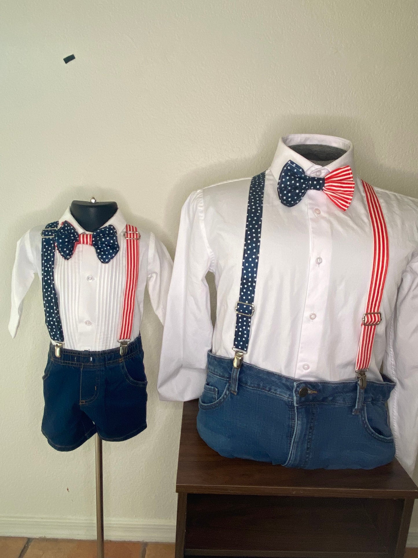 American flag bowtie and suspenders. Available in many sizes and variations. Customizable. fashionable way to show your patriotism!