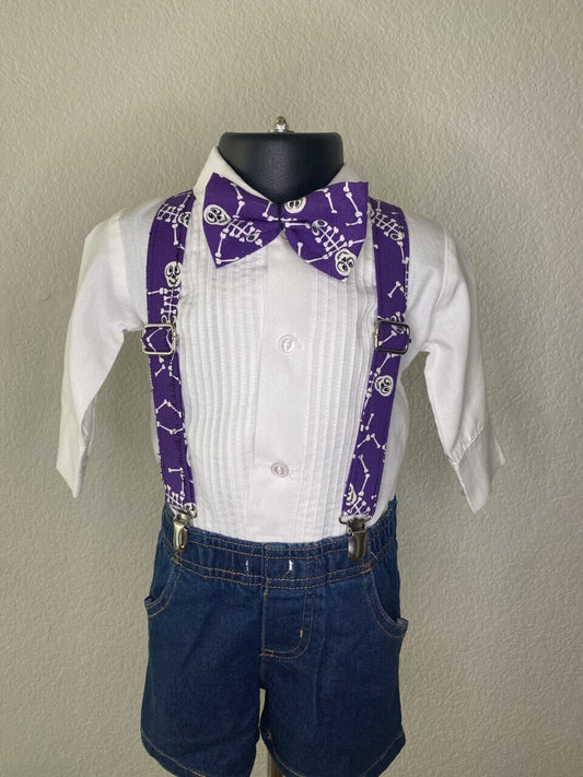 Halloween Skeleton Purple suspenders and bow tie / Infant, Toddler, Child, Teen, Adult, Big & Tall