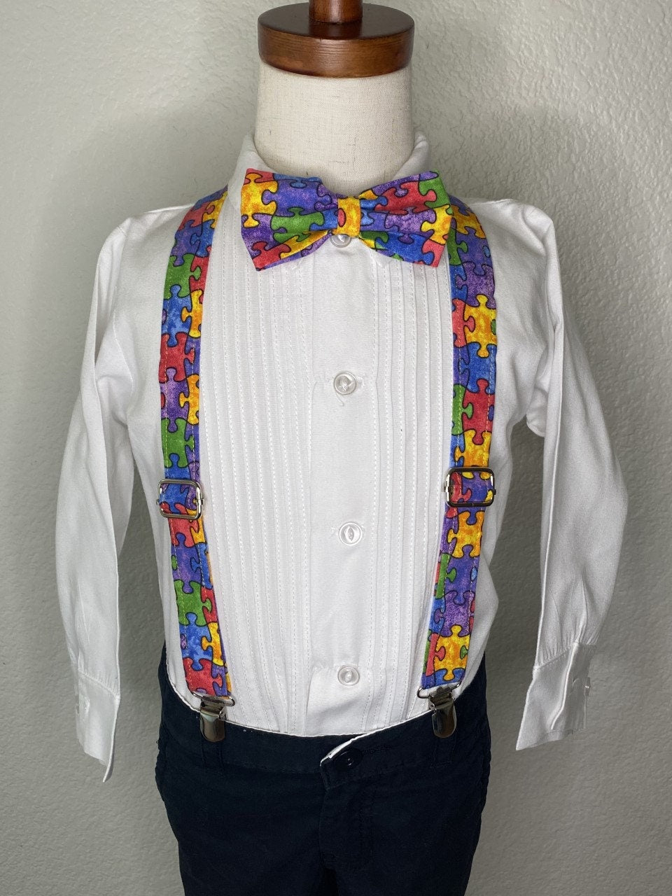 Autism Awareness bow tie and suspenders or Hair Bow Headband Barrette