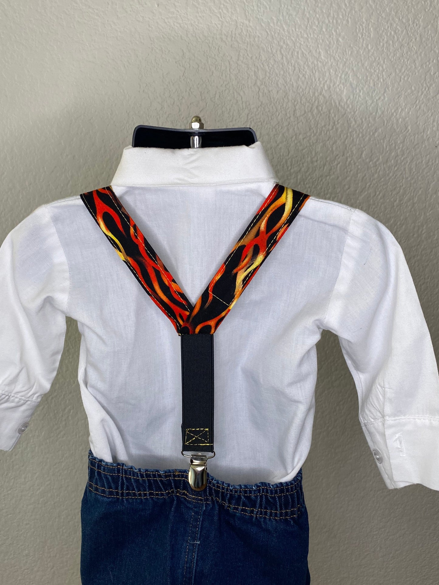 Flames suspenders and bow tie / Infant, Toddler, Child, Teen, Adult, Big & Tall