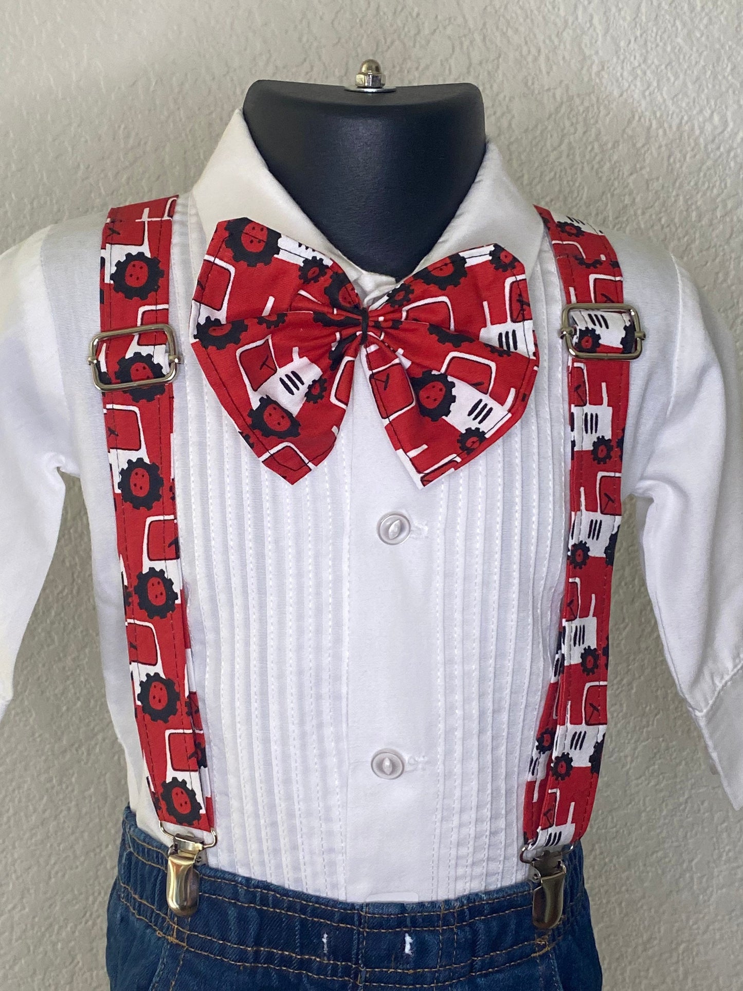 Red tractor suspenders and bow tie / Infant, Toddler, Child, Teen, Adult, Big & Tall