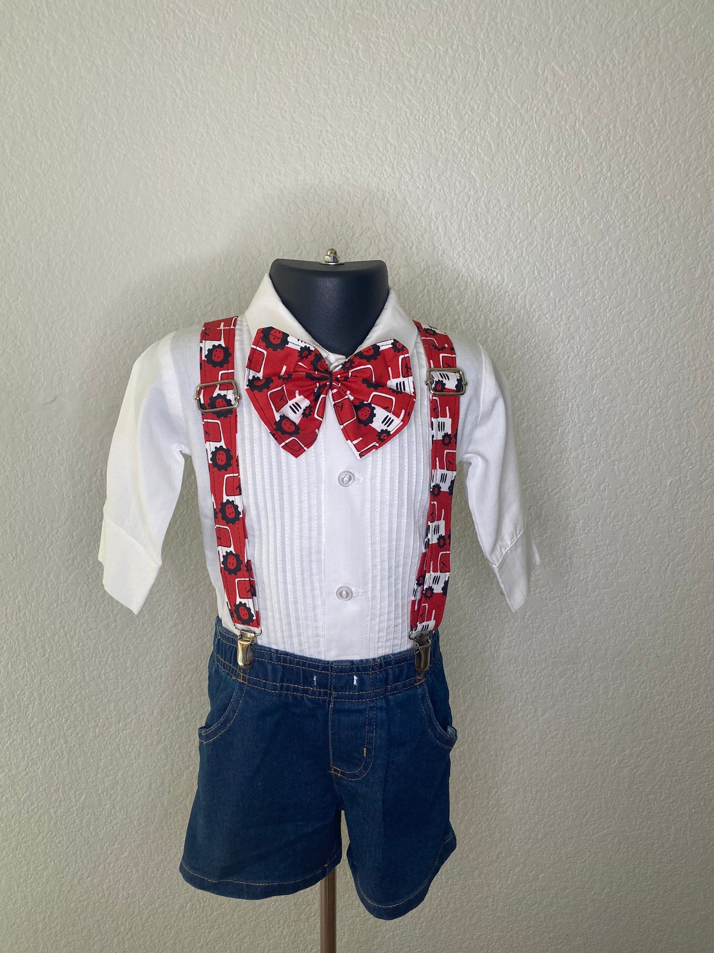 Red tractor suspenders and bow tie / Infant, Toddler, Child, Teen, Adult, Big & Tall