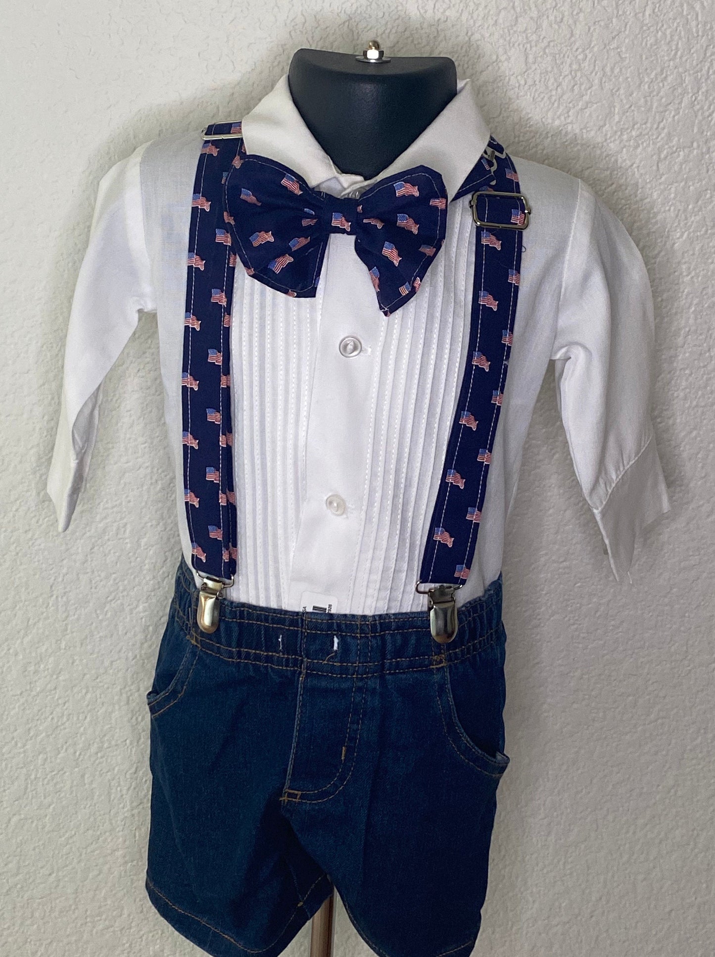 American flag bowtie and suspenders. Available in many sizes and variations. Customizable. fashionable way to show your patriotism!